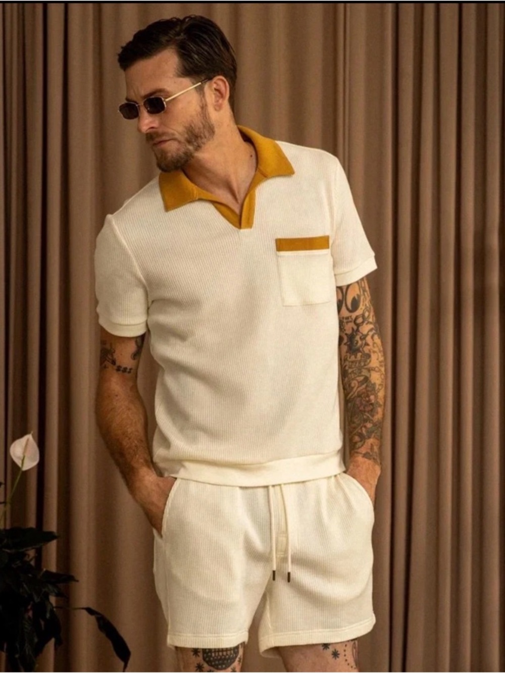 Dandy Del Mar Men’s The Cannes Waffle Knit Polo Shirt Size Medium Vintage Ivory